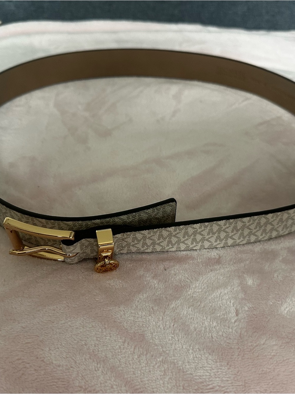 Michael Kors Beige Logo Monogram Belt with Gold Buckle